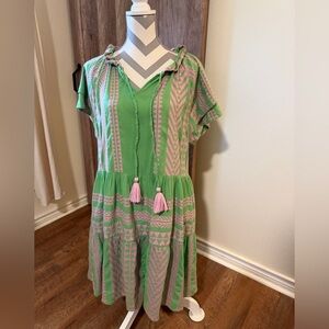 Uncle Frank tiered boho midi dress green pink tribal geometric cotton blend